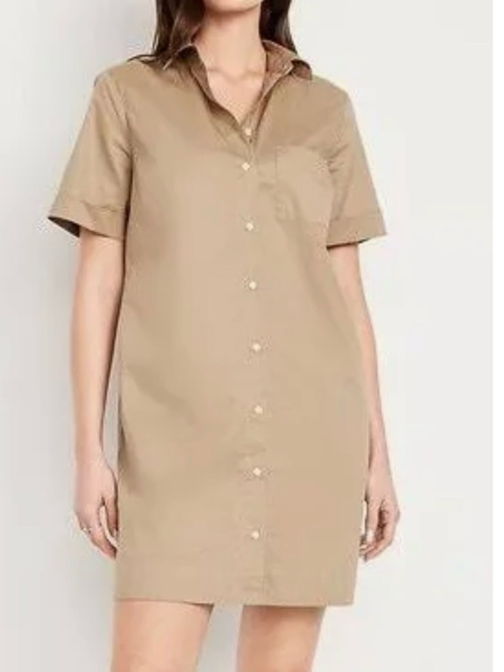 Button-Front Cotton Shirt Dress in Khaki Tan
